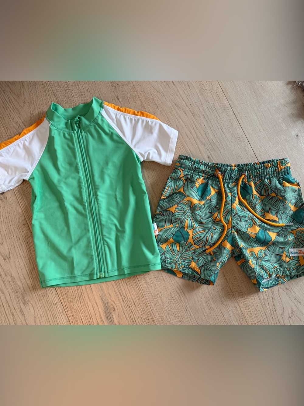 Kids Green Rash Guard & Tropical Swim Shorts Set - Unbranded